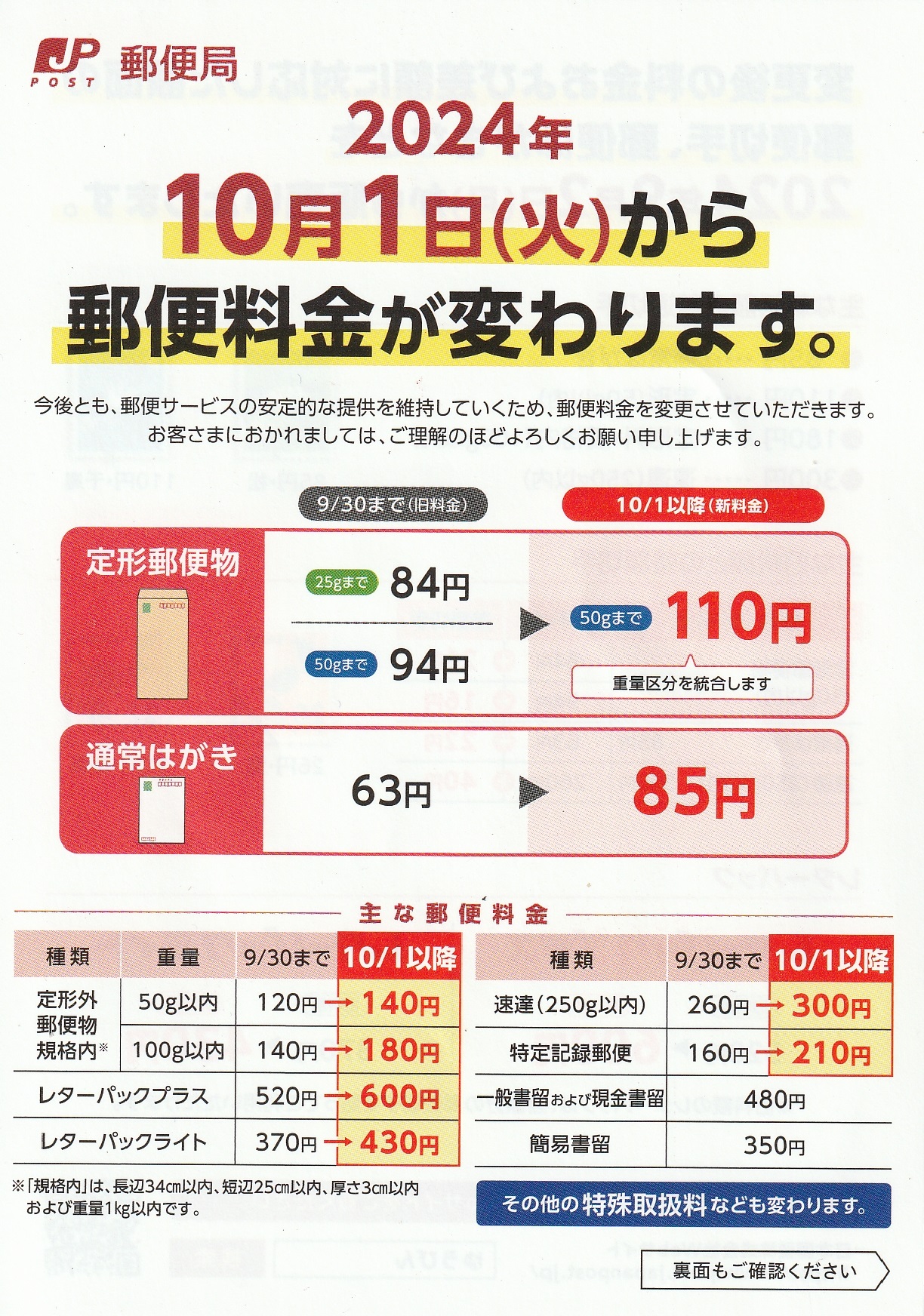 ２０２４年１０月１日から郵便料気が変わります